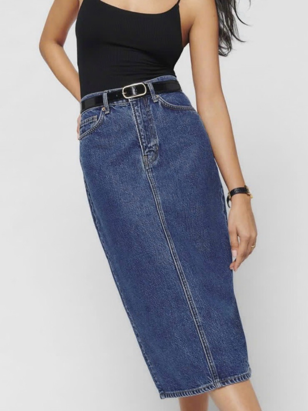 Reformation Jayde High-Rise Blue Denim Midi Skirt